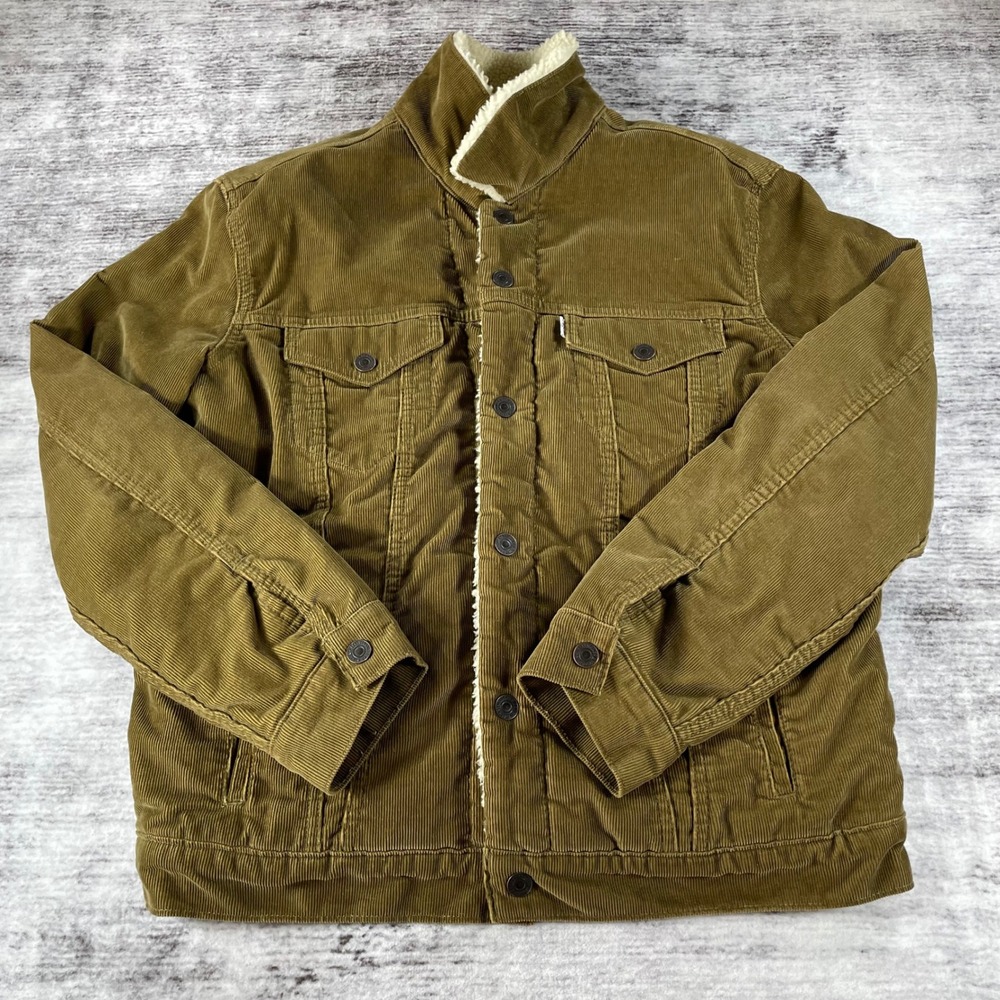 Levis Mens Corduroy Sherpa Lined Trucker Jacket Brown Olive Large